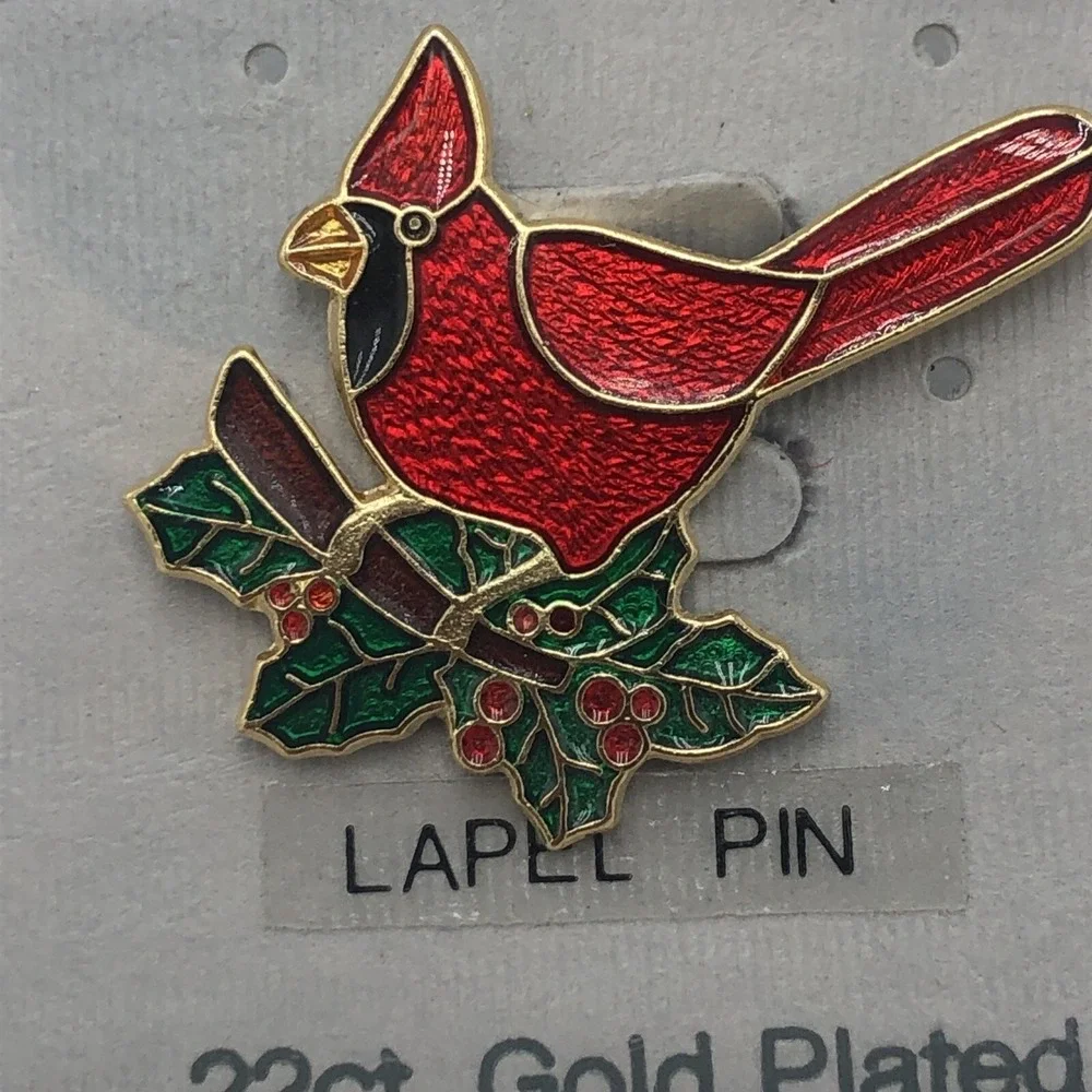 Cardinal Lapel Pin 22k Gold Plated New Enamels Red Bird Green Leaves‎